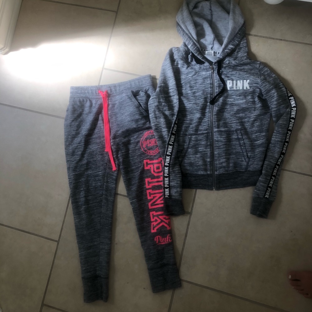 PINK grey zip up hoodie and sweatpants bundle
